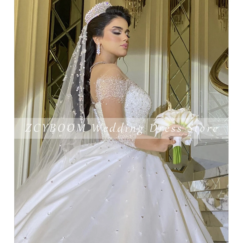 Robe de Mariée en Strass à Col Rond Brillante et Personnalisée, Ligne A, Longueur au Sol, Traîne de Balayage, à Lacets, sur Mesure, pour Patients, 2025