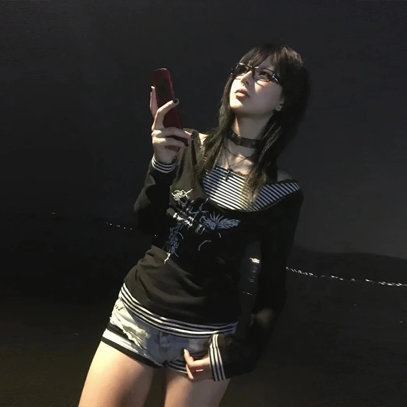 Genayooa Y2k اليابانية طباعة القمم غير النظامية المرقعة تي شيرت المرأة سوينغ طوق القوطية خمر الجرونج وهمية قطعتين القمم 2000s #3