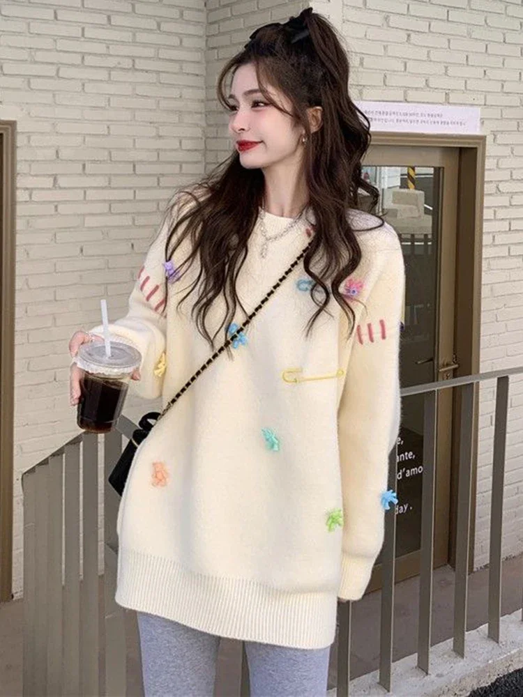 

Cute Bear Women Casual Sweater Sweet Japan Knitted Pullovers Loose Long Sleeve O Neck Female Fall Fashion Elegant Jumper