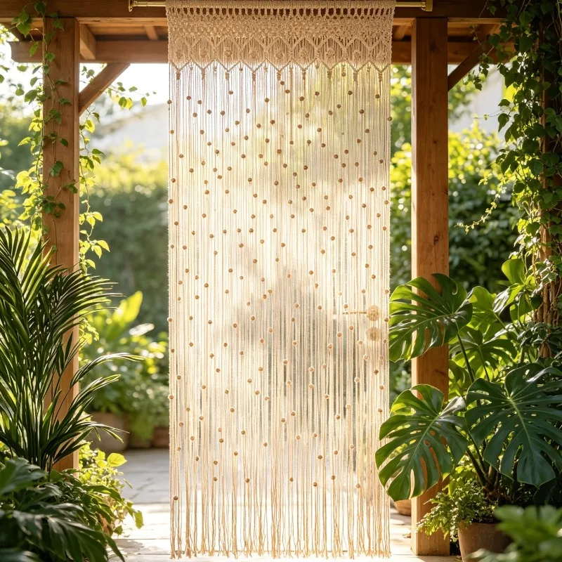 Macrame Beaded Door Curtain Bohemian Handmade String Divider for Living Room Bedroom Home Decor Tassel Hanging Screen
