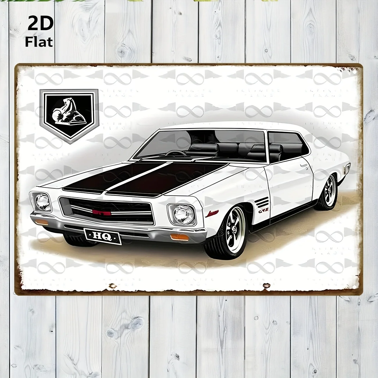 2D flat, 1 vintage metal tin sign - white car with black stripes and HQ logo, shield background, 20.32 x 30.48 cm wall art, suitable for bar, garage, cafe, garden, school library and farmhouse decoration