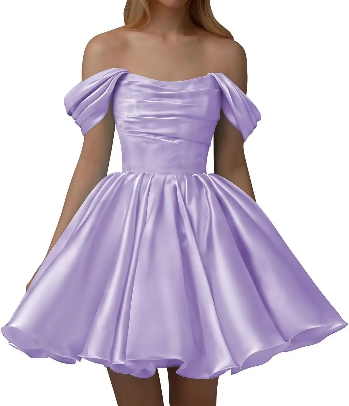 

Off Shoulder Satin Homecoming Dresses for Teens Short Pleated Strapless Prom Cocktail Party Gown Evening Dresses