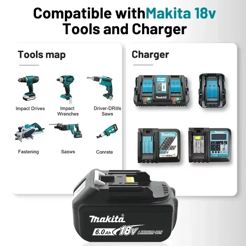 Makita-Batterie au lithium de rechange, batterie 18V, BL1830B, BL1850B, BL1850, BL1840, BL1860, BL1815, 6Ah, 5Ah, 3Ah, 100% d'origine