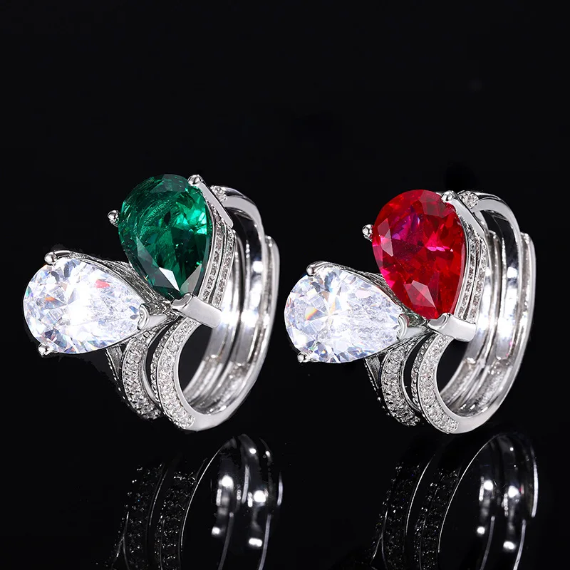 

Micro Pave CZ Jewelry Double Drop Shape Mix Clear Green Red Cubic Zircon Adjustable Ring For Women