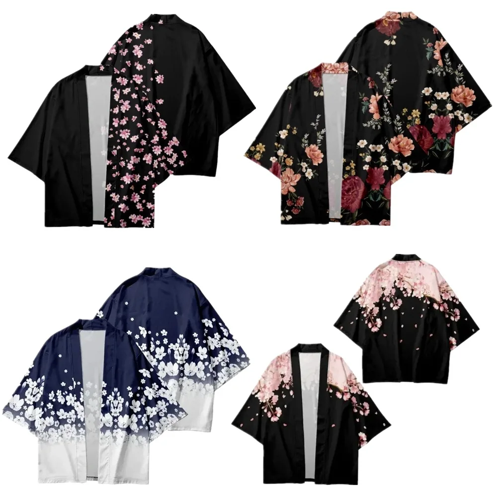 

Кимоно с цветочным принтом, одежда в стиле аниме, летняя мода, хаори юката, японский самурай, костюмы для косплея, плащ в стиле Харадзюку