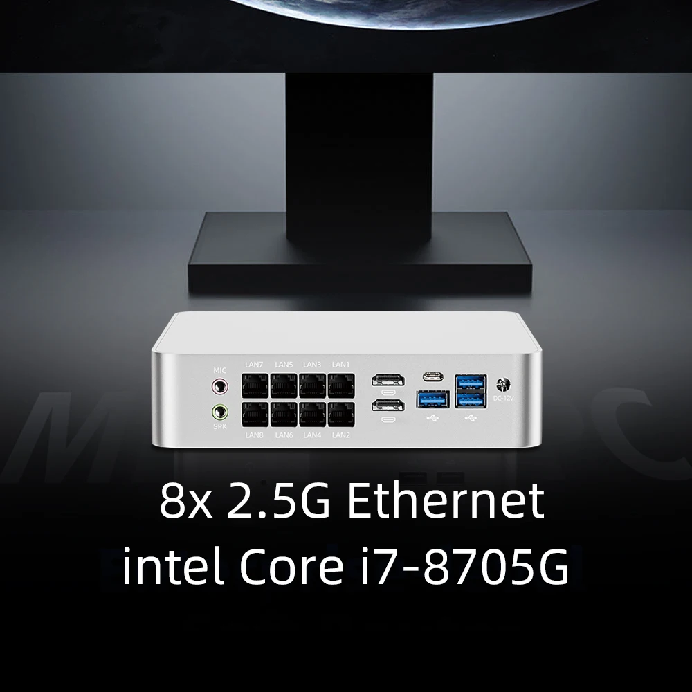 Mini PC Intel Core i7-8705G Processor Support Windows Linux Pfsense 8x Ethernet 2xHDMI Type-C 2xCOM RS232/422/485 Expansion