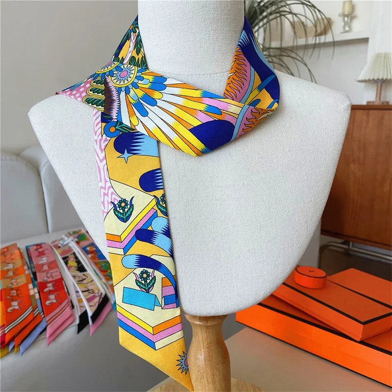 100% Silk High Quality Luxury Brand Scarf Women Headband Hair Band Foulard Tie Ribbon Neckerchief Skinny Scarves Accessories