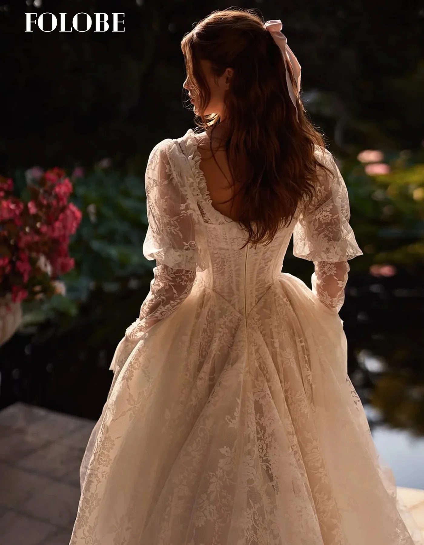 FOLOBE Off White 2025, A-Linie, Prinzessin, Spitze, Hochzeitskleid mit Jacke, Vintage, romantisches Brautkleid mit quadratischem Kragen, individuell gestaltet