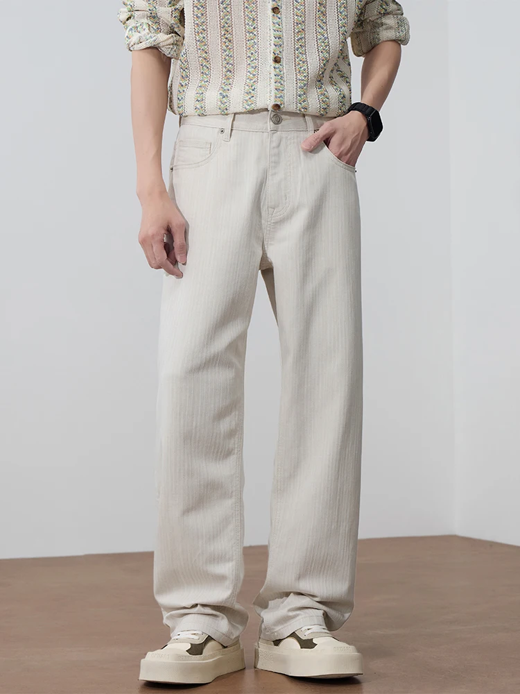 

KSTUN Spring Lyocell Jeans Men Clean Fit Loose Straight Apricot Jeans Vertical Stripe Texture Casual Denim Pants Japanese Style