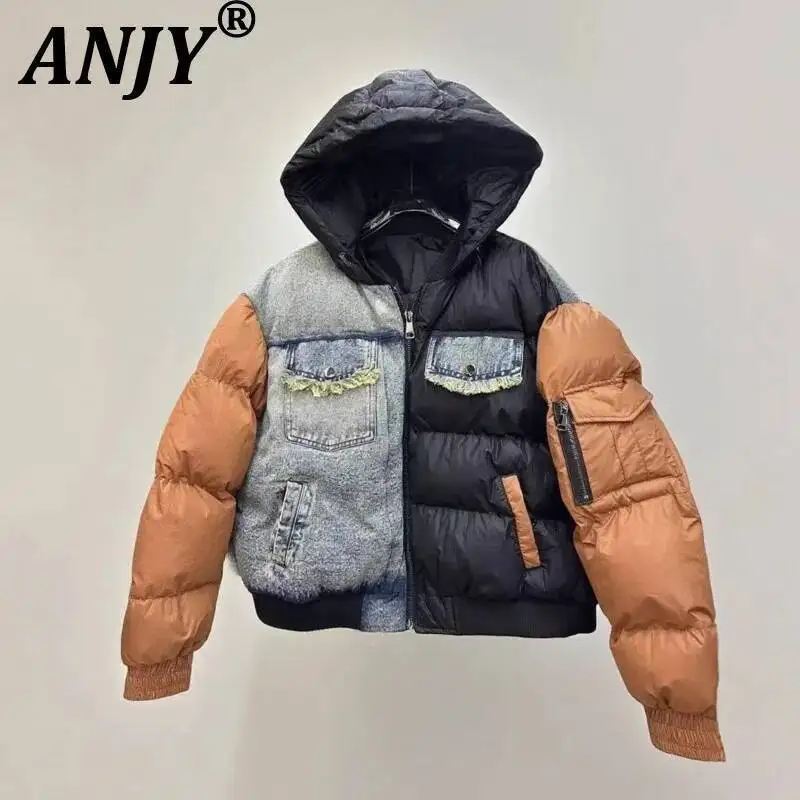 ANJY Autumn Winter New Women European Trendy Padded Coat Heavy-Duty Denim Patchwork Pocket Color-Block Hooded Down Jacket A12508