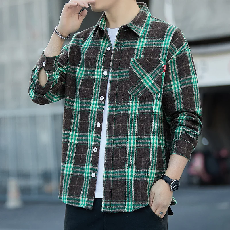 [L-9XL] Cotton Hong Kong style shirt, men's autumn American all-match senior loose vintage plaid shirt with long sleeves2024