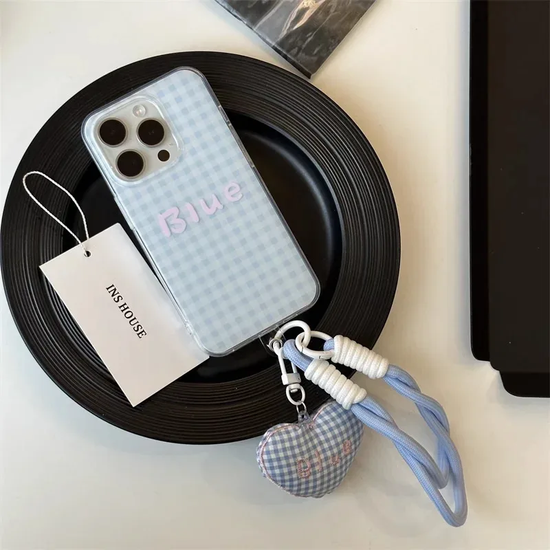 

Blue checkered letter phone case with the same blue love pendant phone strap For iPhone 11 12 13 14 15 pro max