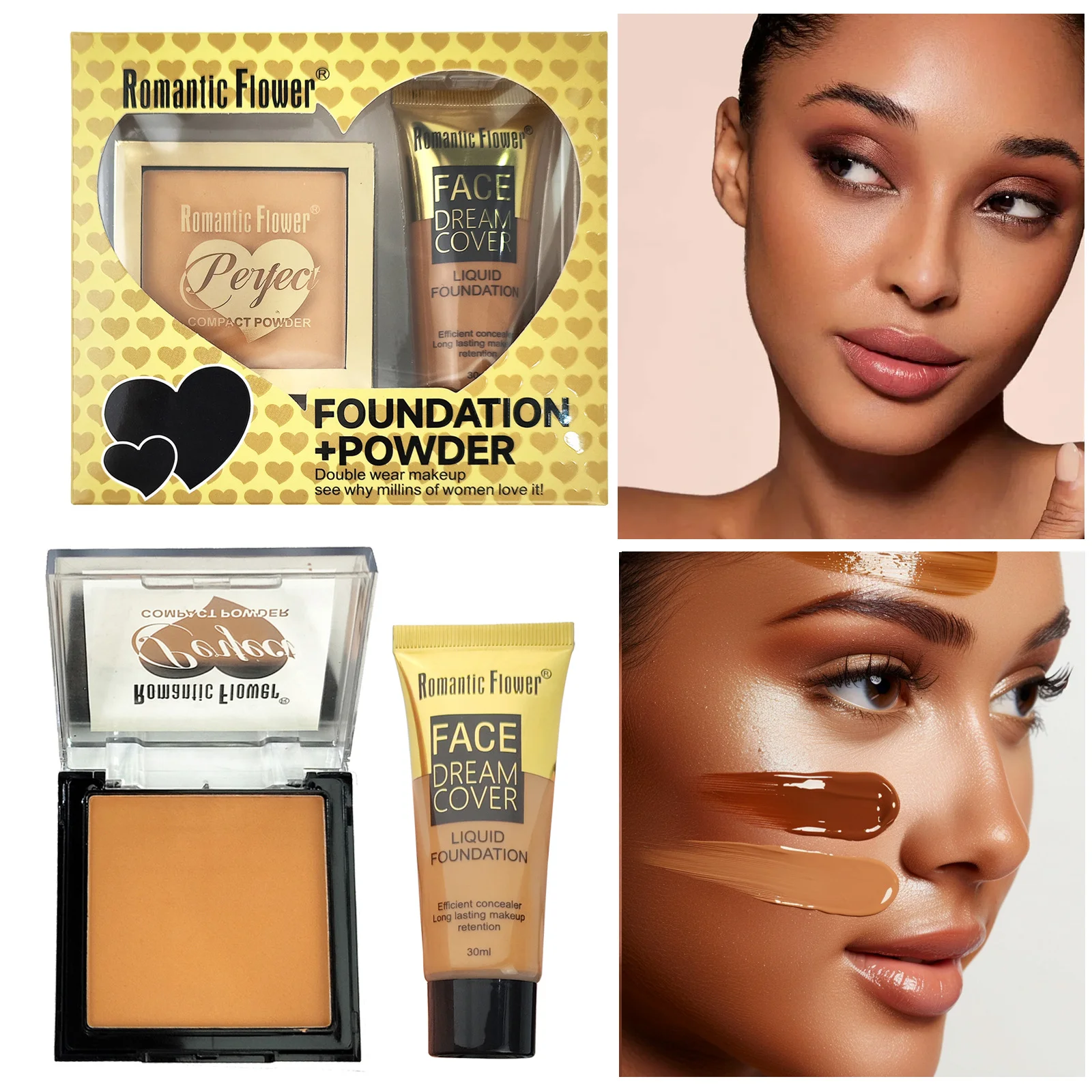 Maquillaje facial de flores románticas, corrector de estuche de base líquida y en polvo 2 en 1, duradero y sin maquillaje, adecuado para pieles oscuras