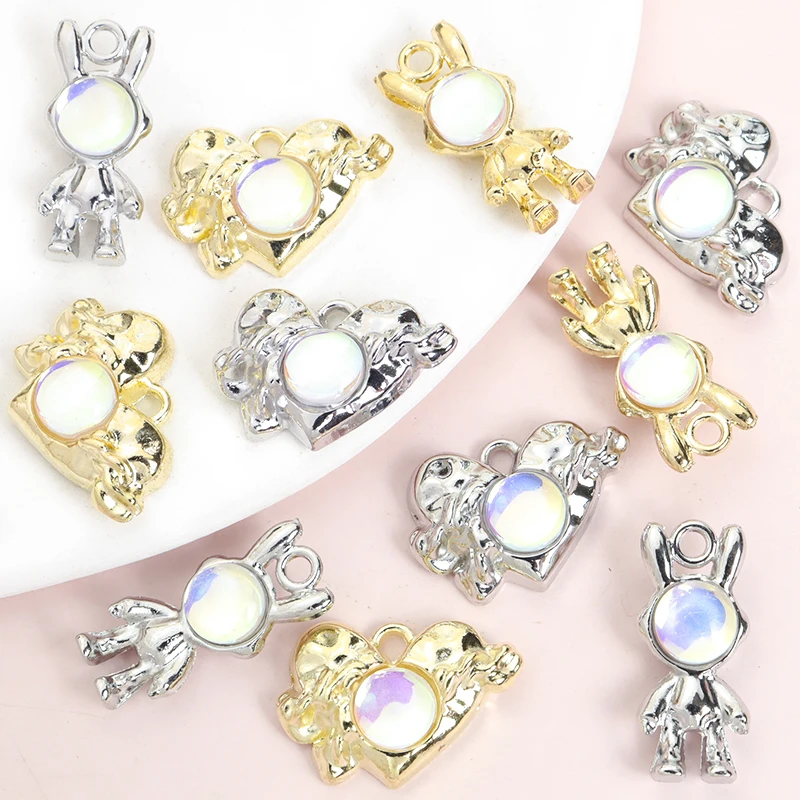 10pcs Space Rabbit&Love Heart Planet Design Glass Inlay Alloy Charms DIY Stylish Necklace Bracelet Keychain Glossy Metal Pendant