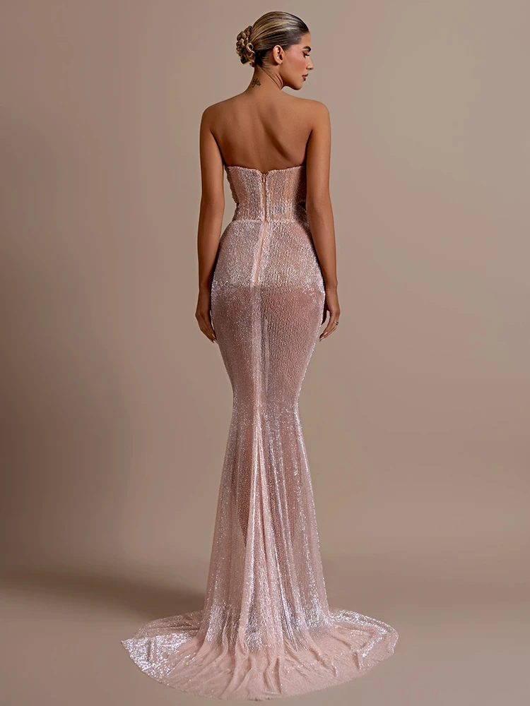 Abito da sera da festa Abito lungo senza spalline con taglio beige Scollo a cuore Scava fuori Abiti da celebrità con sirena