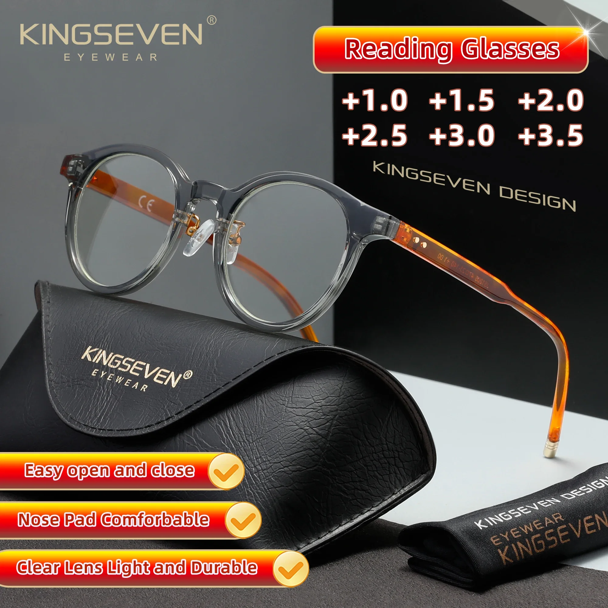KINGSEVEN Classical Blue Light Block Reading Glasses Men Women Round Frame Optical Lens 1.0~ 3.5 Presceiption Glasses