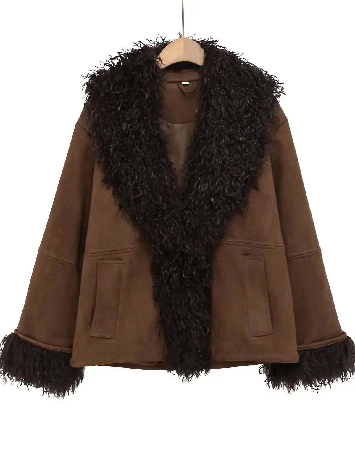 2025 Women's Elegant Retro Suede Faux Leather Sheep Fur Patchwork Jackets Lady Hot High Street Winter Warm Thicken Street Coats