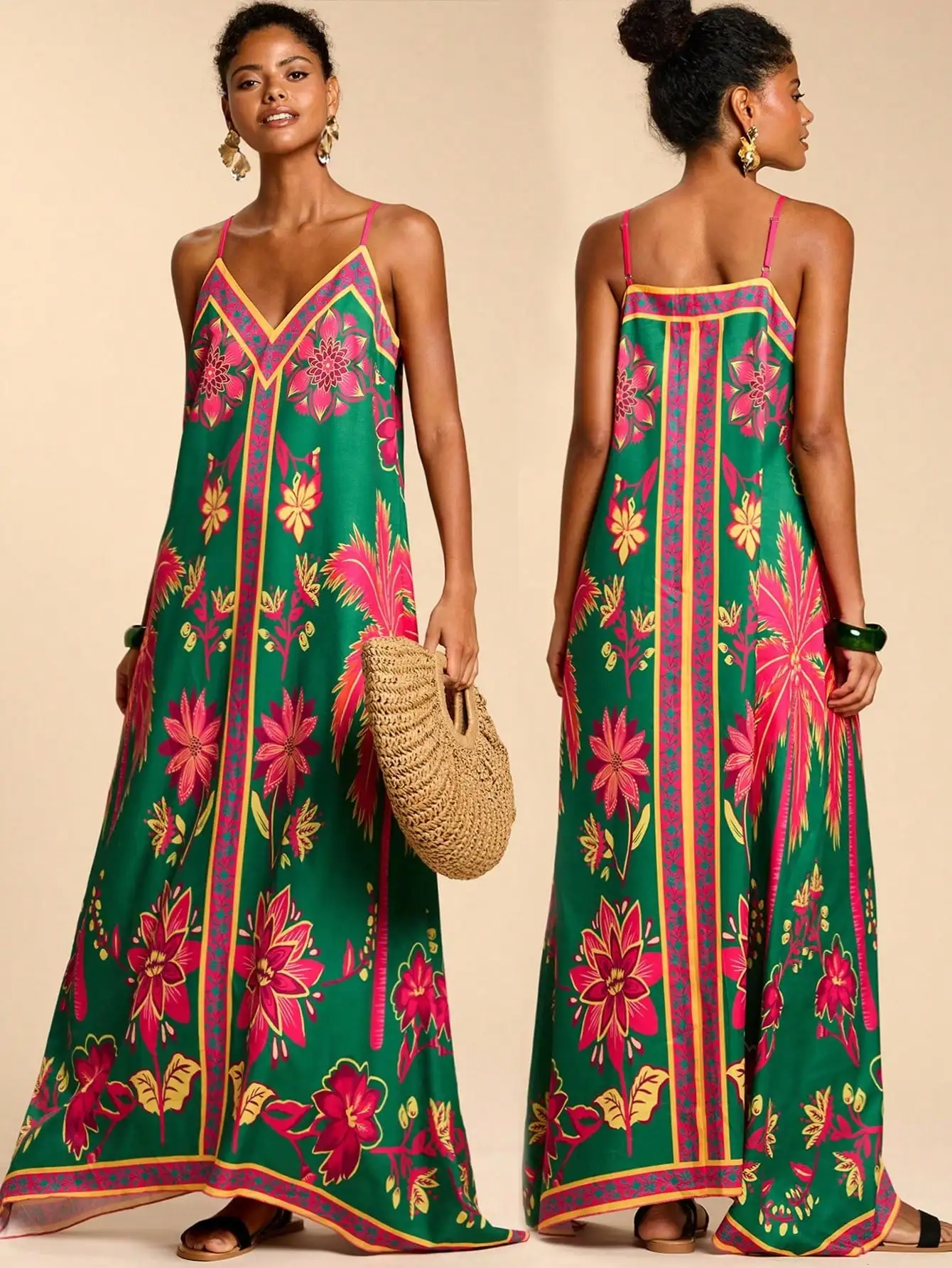 

Women's Vibrant Floral Print Maxi Dress with V-Neck and Thin Straps