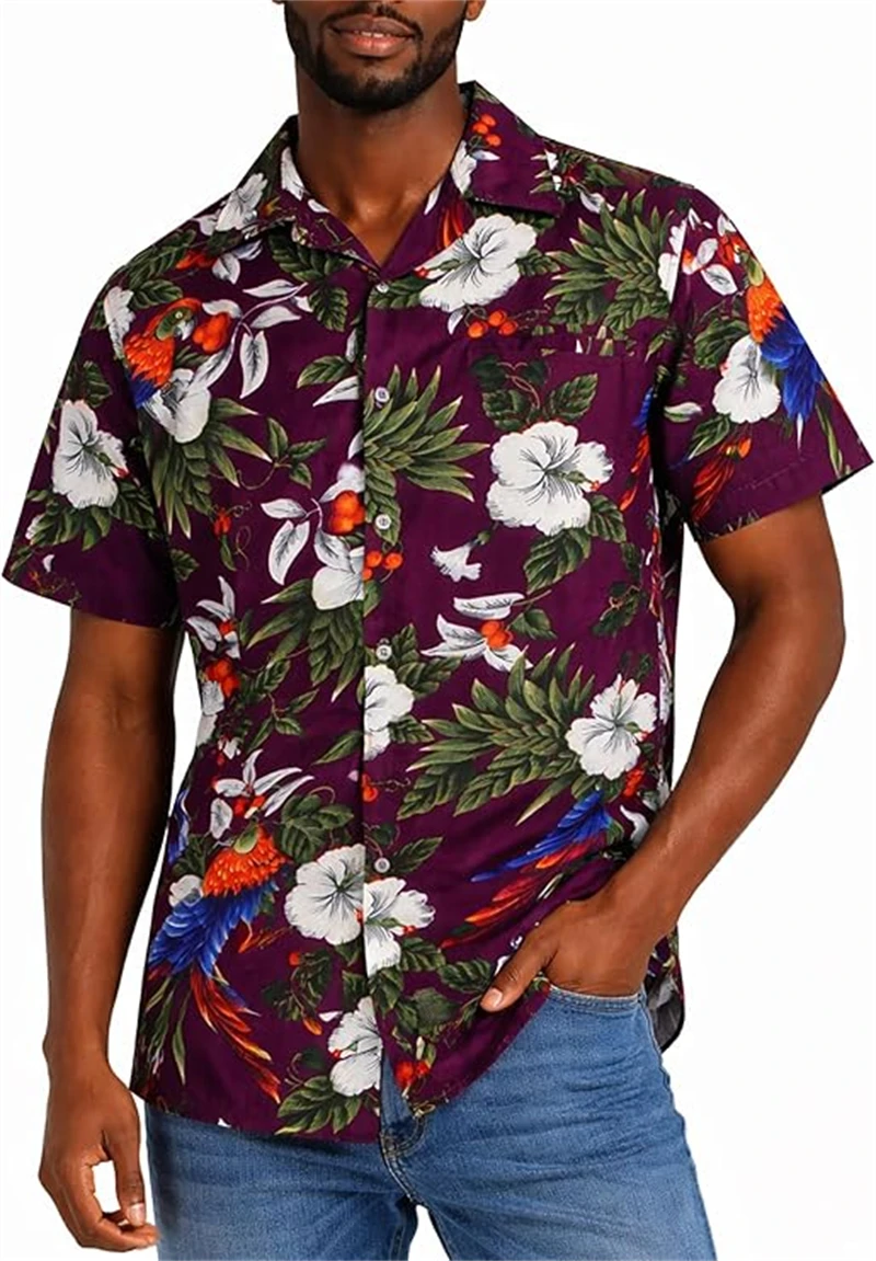 

Men's Tropical Parrot Hawaiian Shirt Flower 3D Print Casual Short Sleeve Button Down Lapel Summer Shirt For Beach & Vacation
