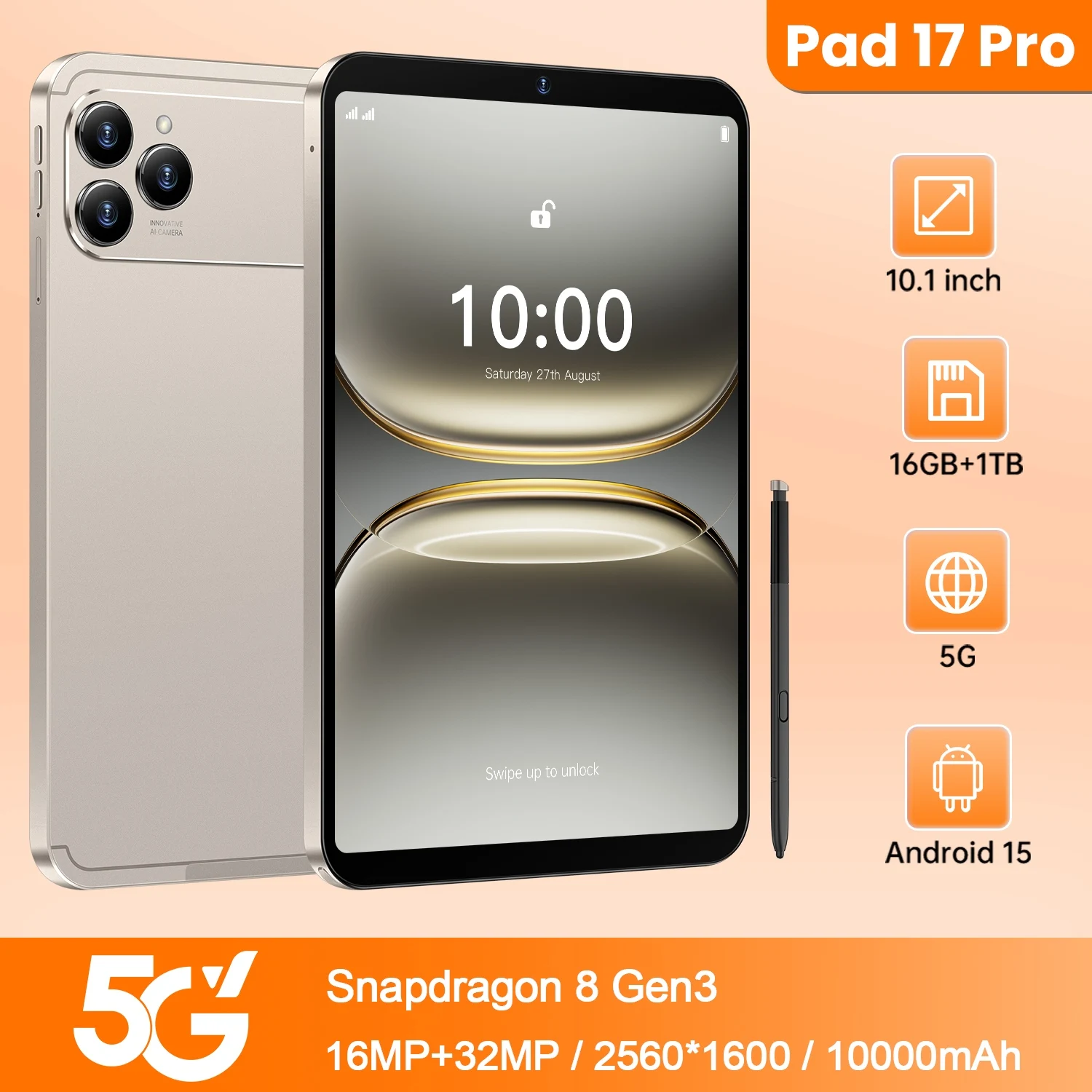 

Pad 17 Pro HOT Global Edition Snapdragon 8 Gen3 10.1" 16GB 1TB 5G 10000mAh Battery 32MP Camera Tablet