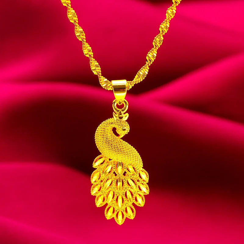 

24K Gold AU999 Women's Peacock Pendant Necklace - Gradient Gold Feathers + Gold Foil Tips, Chain Replicates Vine Art