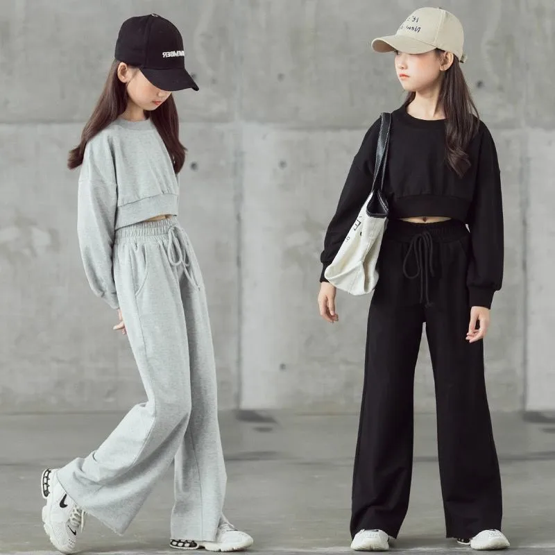 ZOETOPKID Girls Solid Colour Sets Children's Long-Sleeved Short Sweater Trousers 2Pcs Spring Autumn New Kids Fashion Casual Suit