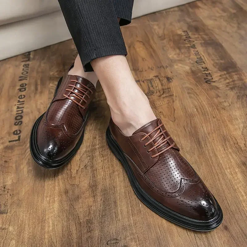 Sapatos de couro britânico casual masculino, estilo coreano, de topo baixo, fundo macio, negócios, mocassins formais