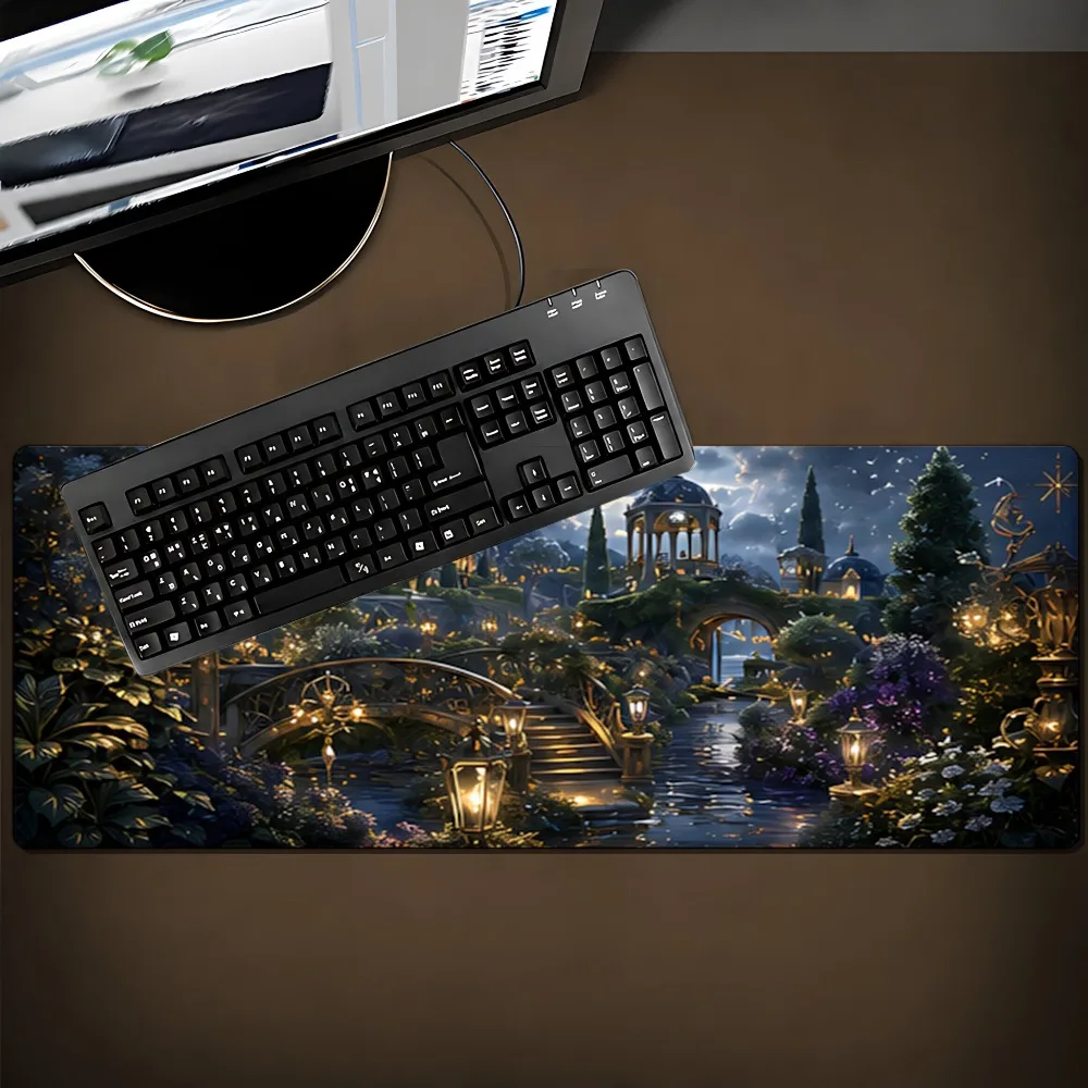 Blue-golden dream castle garden landscape pattern mouse pad, suitable for office desks, computer desks and book tables