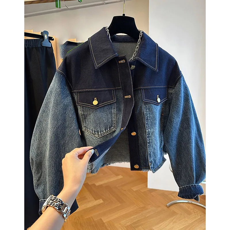 Spring Autumn Ladies Short Long Sleeves Cowboy Coat Female Loose Fitting Gradient Color Denim Jacket Women Fashion Jeans Outwear