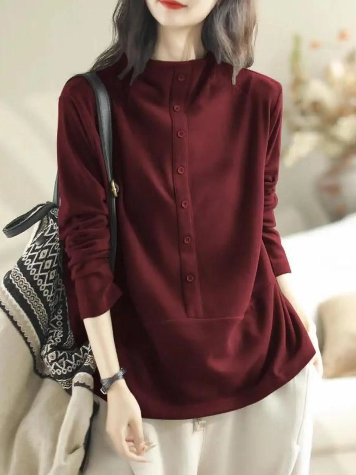 

Thickened Double-Sided Fleece Long Sleeve Half-High Collar Autumn Winter Slim Fit Warm T-Shirt Simple Not Simple Style for Women