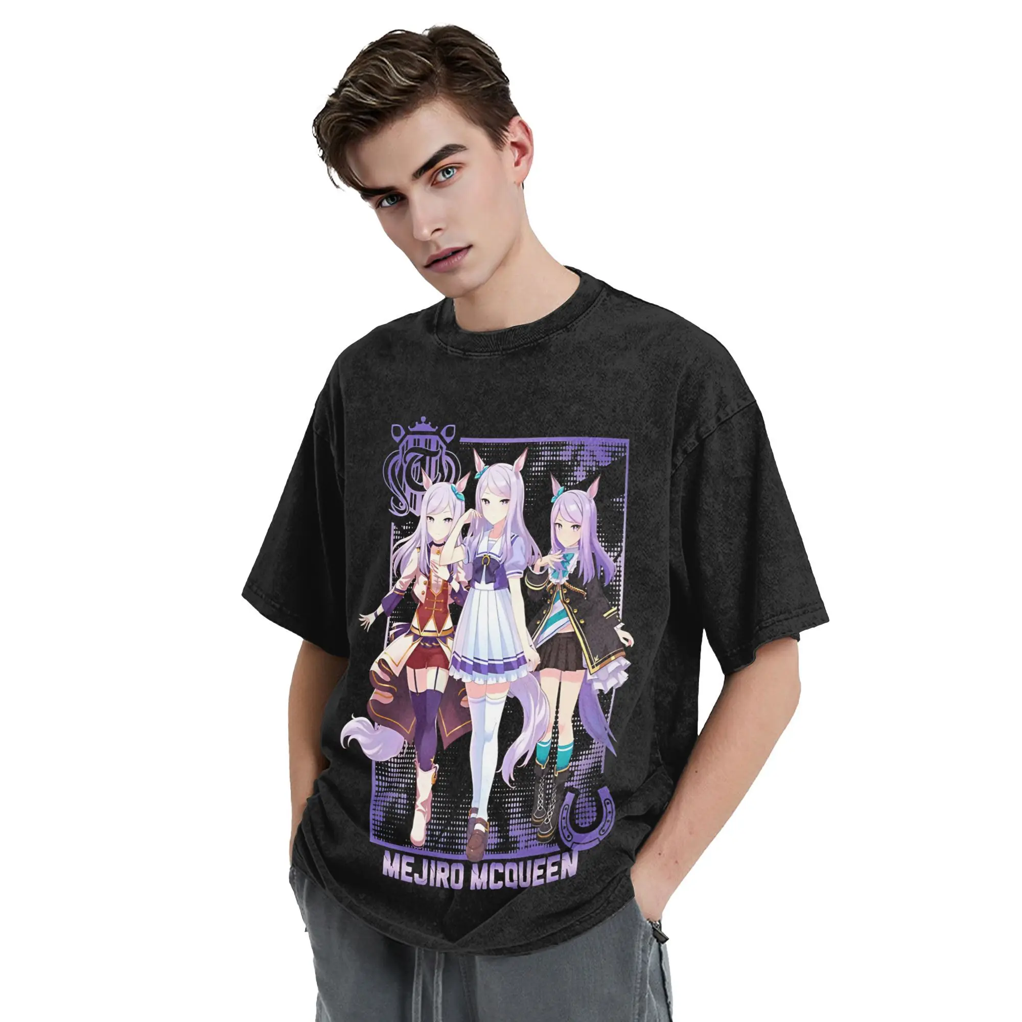 تي شيرت مغسول Mejiro Mcqueen Uma Musume الهيب هوب تي شيرت الشارع الشهير 100% قطن مطبوع بلايز تي شيرت للرجال والنساء