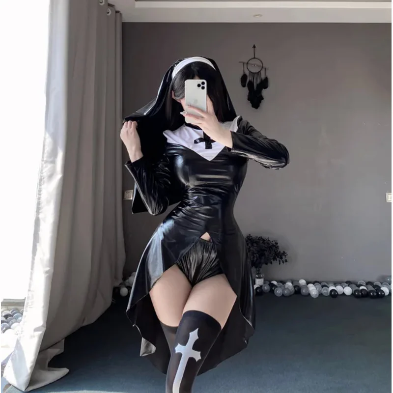 Vampire Nun Uniform Women Halloween Adult Sister Cosplay Costume PU Leather Cross Dark Dress Gothic Party Rave Clothes Dropship