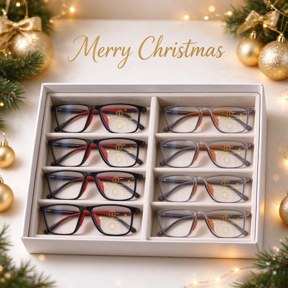 8-Piece Multi-Focus Reading Glasses - Sport Full Edge Square Frame with PC Lens and Silicone Arm, Unisex Comfortable Driving Glasses for Cars, Phones, Walking, Christmas and Halloween Gifts
