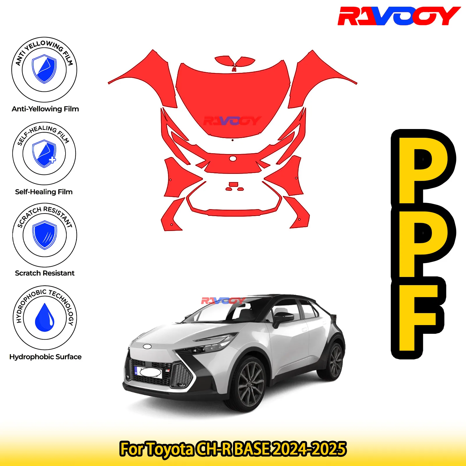 

Для Toyota CH-R BASE 2024-2025 глянцевый матовый черный предварительно вырезанный передний комплект PPF, защитная пленка для краски