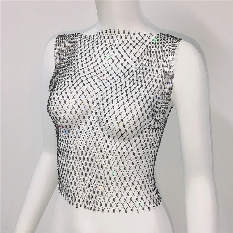 Y2K Tops & Tees: Sexy Mesh Crop Tops für Damen – Sommer 2026 Strass-Mode Party Durchsichtige Fishnet Hollow Out Tanktops – Detail 6