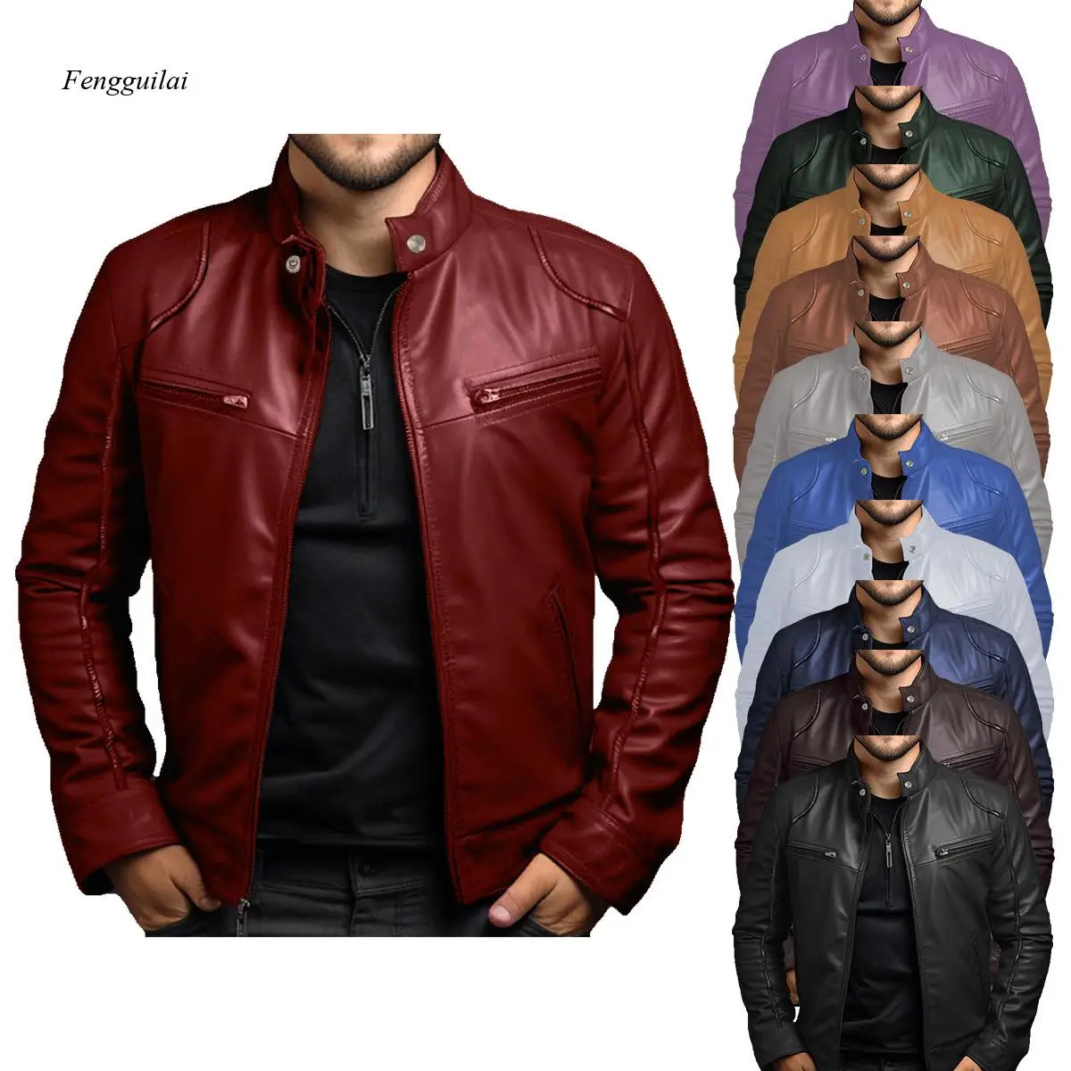 Fashionable Artificial Leather Motorcycle Jacket, Men's Style, with A Stand-Up Collar Design, Zipped Closure