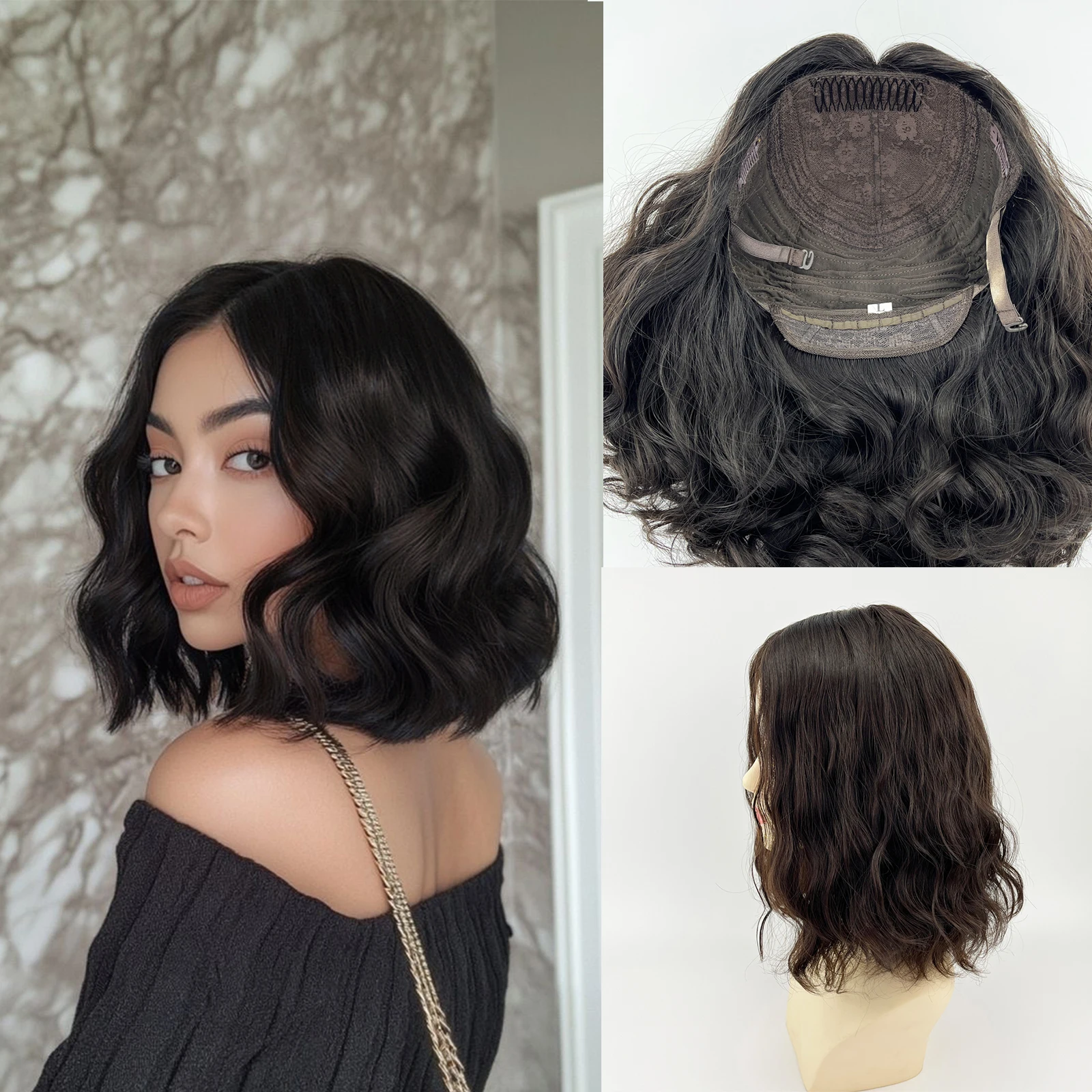 Human Hair Silk Top Jewish Wig for Women  Black Brown Water Wave Human Hair Wig 14 Inch Virgin Hair Silk Top Wig