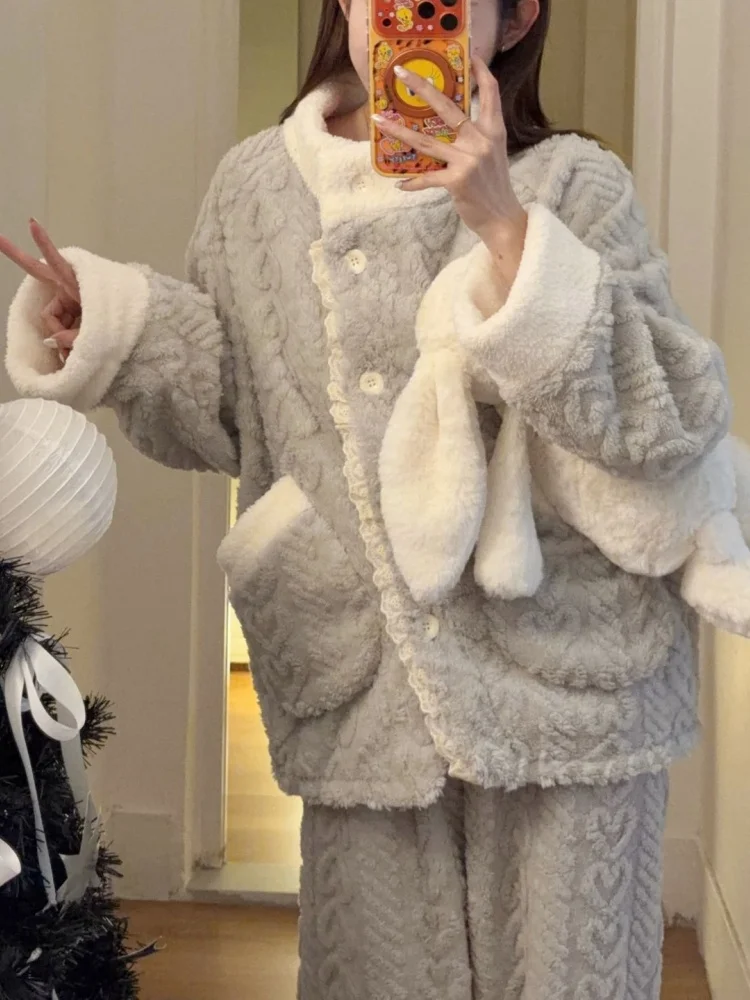 korean-style-coral-fleece-thickened-women's-sleepwear-casual-home-clothes-long-sleeve-stand-collar-open-cardigan-home-clothes