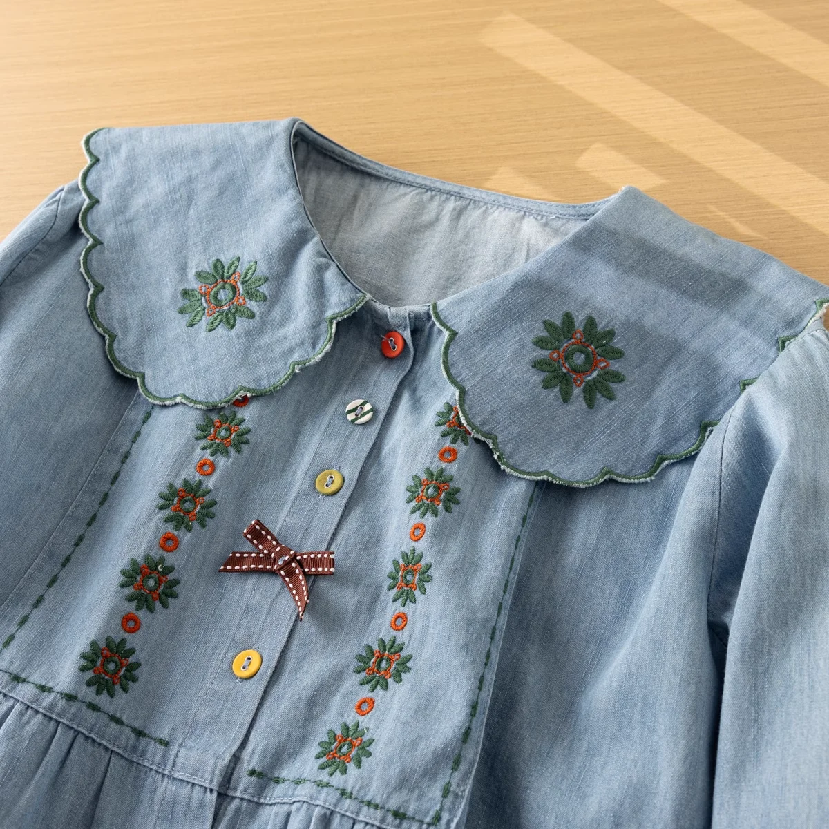 

Vintage Embroidery Lolita Denim Shirt Blouses Women Autumn Mori Girl Embroider Long Sleeve Blouse Japanese Kawaii Top