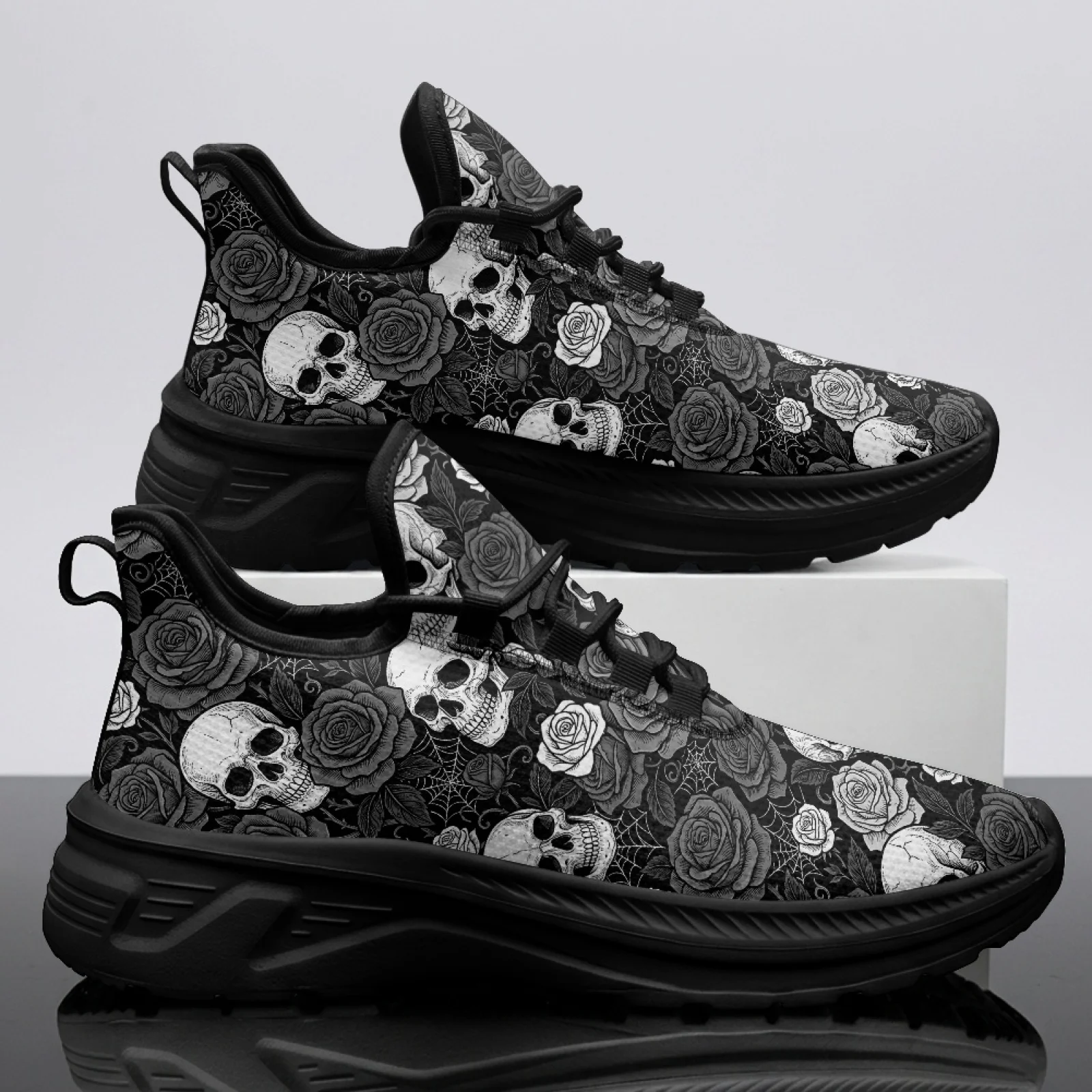 PENSTROLL Skull Rose Breathable Walking Shoes for Men Casual Daily Commute, Fashion Footwear