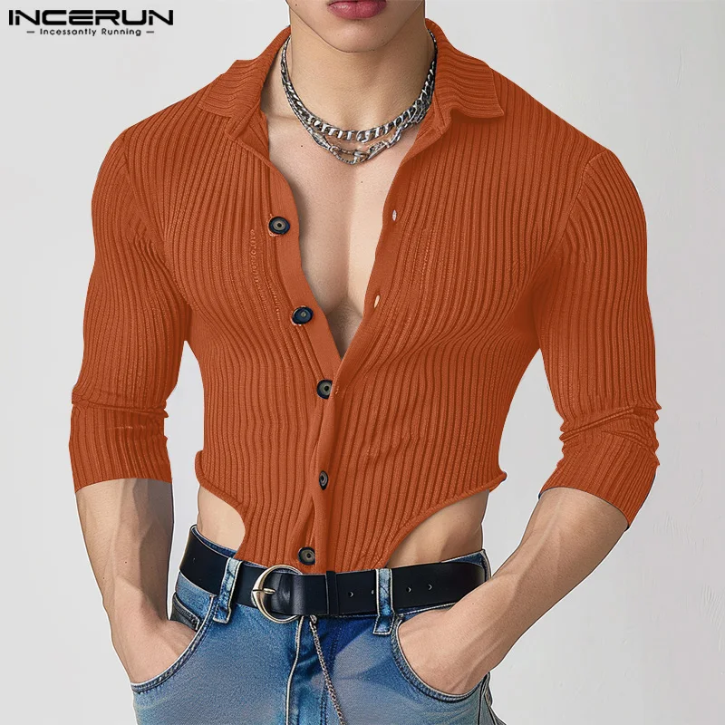 

2024 INCERUN Tops Summer Tee American Style Men's Shirts Knitted Striped Irregular Hem Casual Solid Long Sleeved Blouse S-5XL