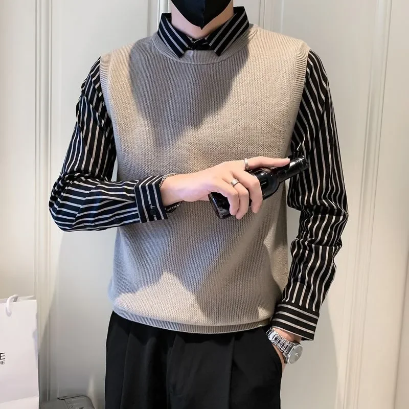 

Мужская полосатая рубашка из двух предметов, свитер с длинными рукавами, базовый слой, новинка 2025 года, вязаный топ, топы в корейском стиле
