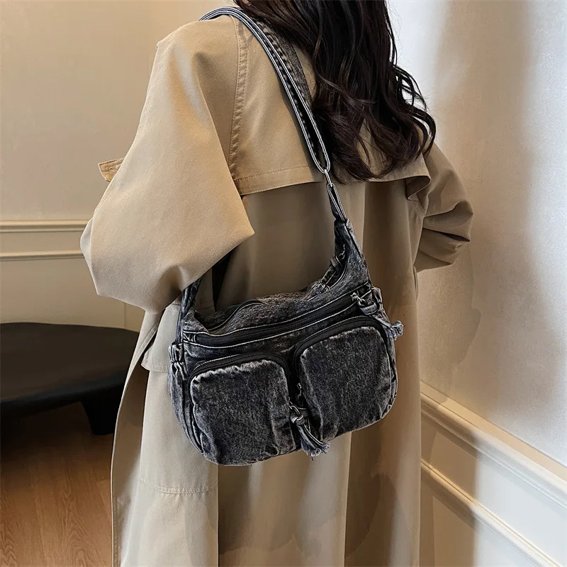 

Denim Vintage Crossbody Shoulder Bag Fashion Retro Jeans Tote Bags Large Capacity Multiple pockets Handbags Women Satchel bag
