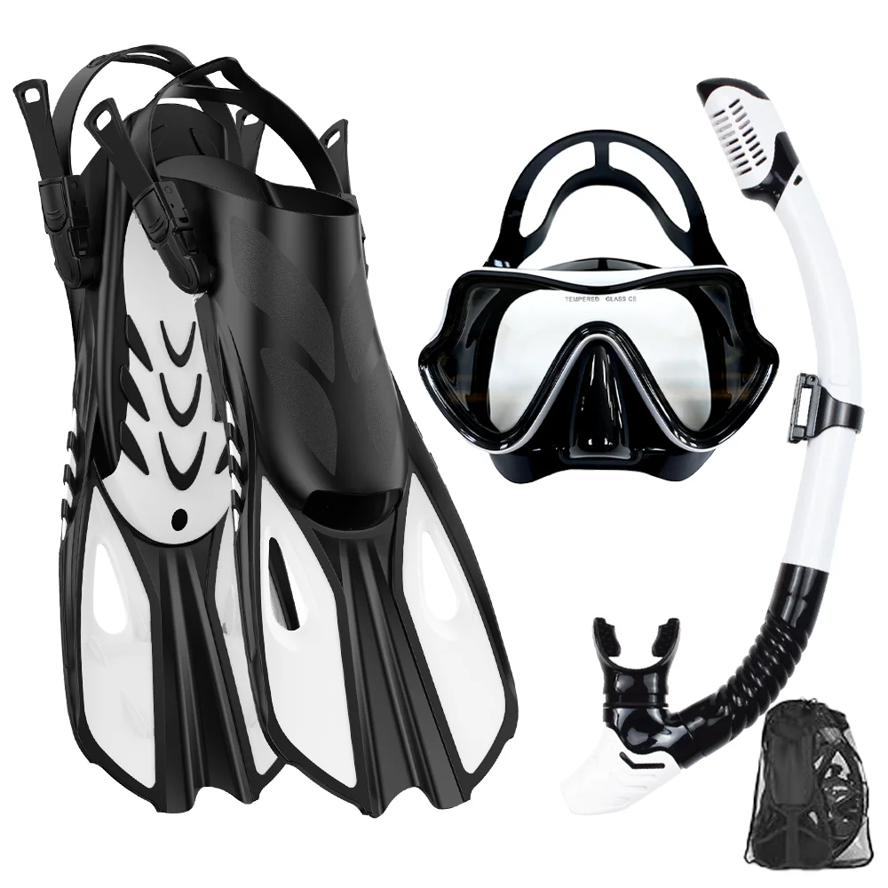 Maskenflossen-Schnorchel-Set, Schnorchelausrüstung für Erwachsene, Panoramablick, Schnorchelmaske, verstellbarer Tauchflipper, Schnorchel- und Reisetasche mit trockenem Oberteil – Detail 8