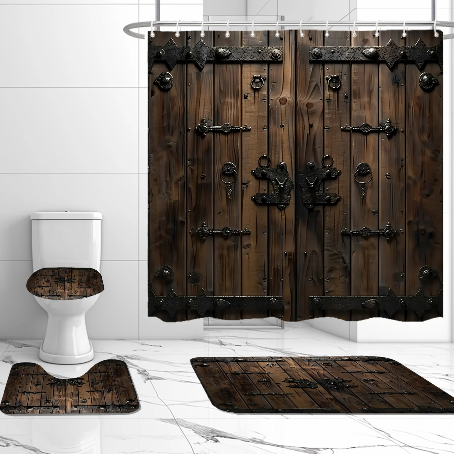 Wooden Door Pattern Printed Shower Curtain Set with 12 Hooks, Modern Bathroom Decor, Polyester Knit Fabric, Water-Resistant, Mac