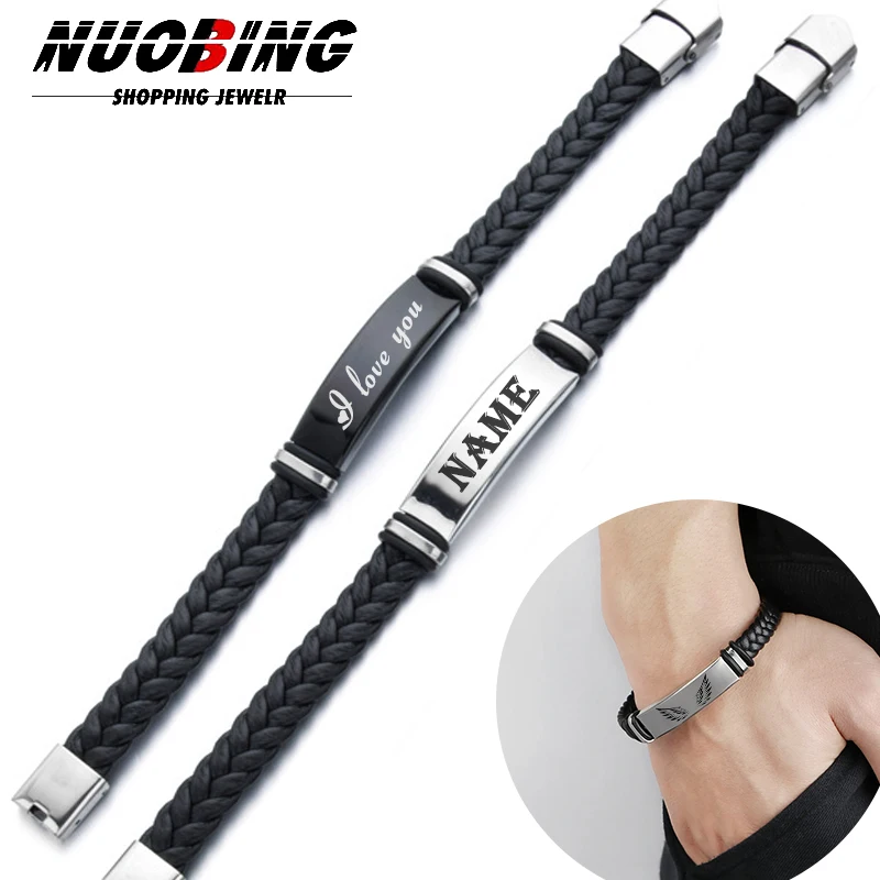 Custom Name Mens Braided Genuine Leather Bracelet Gifts Jewelry,Stainless Steel Charm Family Names Dad Gift