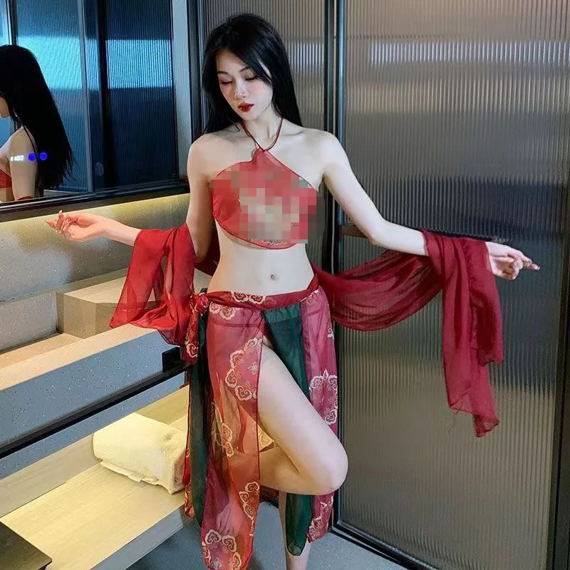 

Hot Sale Perspective on Ancient Style Clothing Sexy Hanfu Dunhuang Flying Phoenix Female Belly Bag Set Women Nightgown Fun Dress