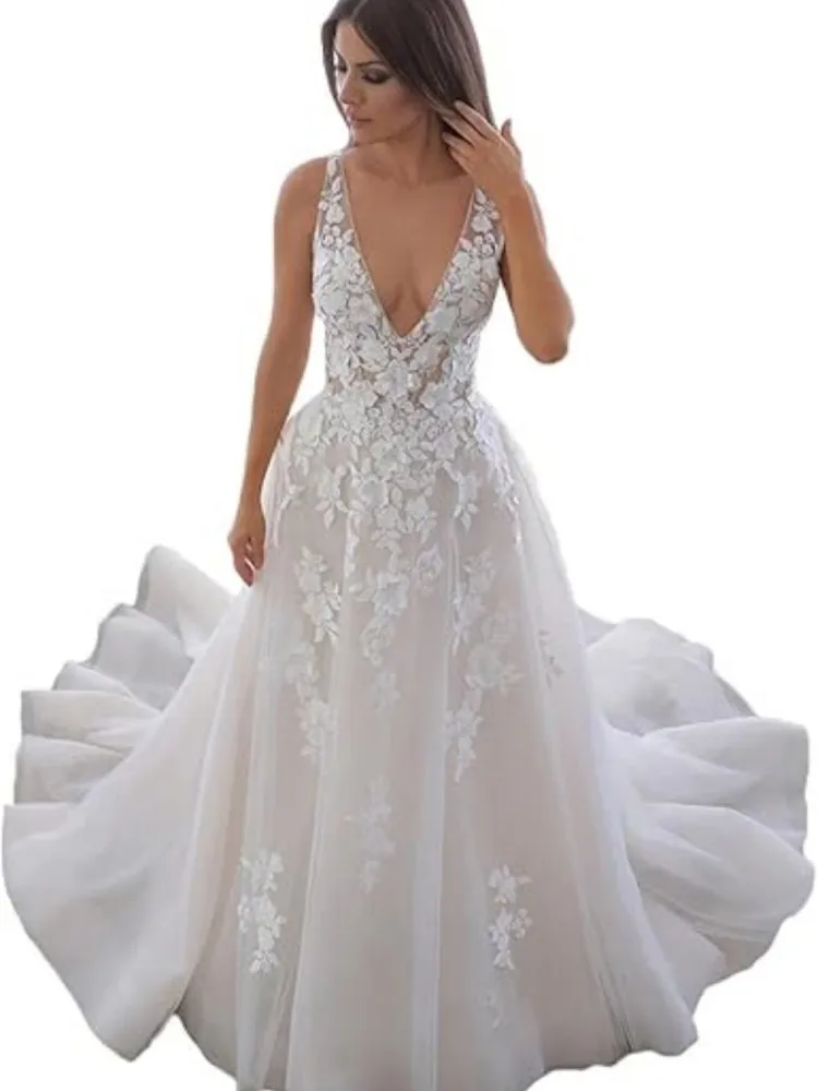 

Women Wedding Dresses A-line V-neck Tulle Lace Backless Boho Wedding Gown Bridal Dresses