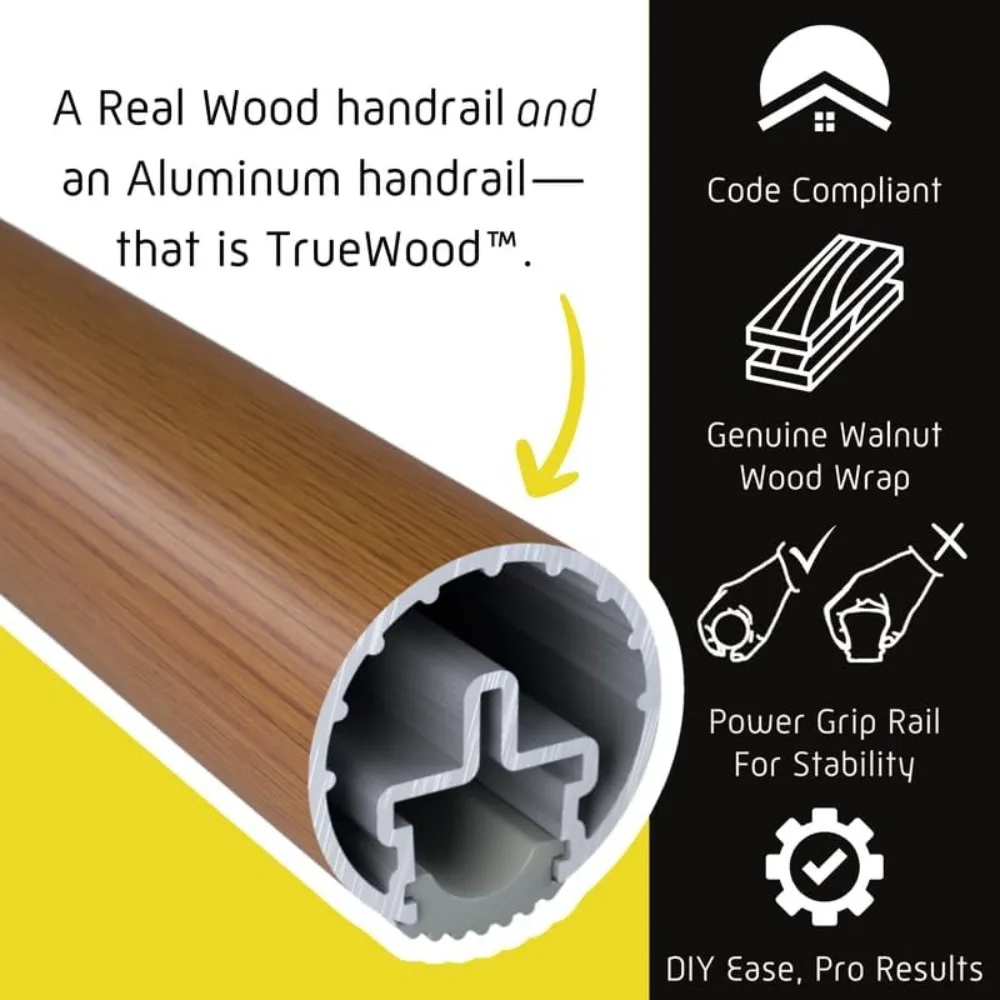 7ft ADA Handrail Kit - Walnut - Complete Indoor Handrail for Stairs - 1.6" Round Genuine Wood Wrapped Aluminum Core Railing