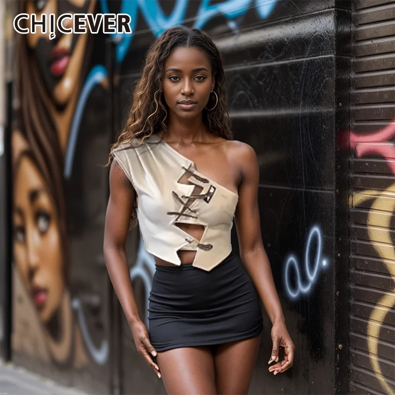 

CHICEVER Sexy Spliced Pin Design Vest For Women Diagonal Collar Sleeveless Off Shoulder Solid Slimming Top Female Summer Clothes